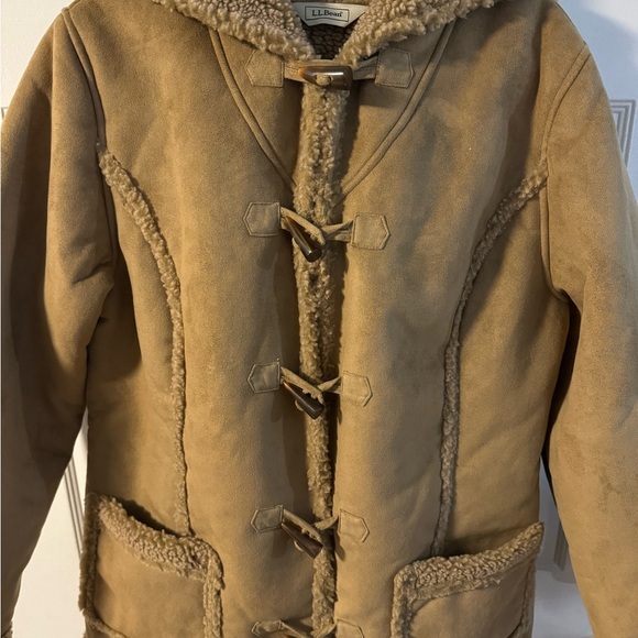 LL Bean Suede Sherpa Lined Hooded Toggle Coat VTG Boho Rancher Penny Lane Indie - Picture 12 of 15